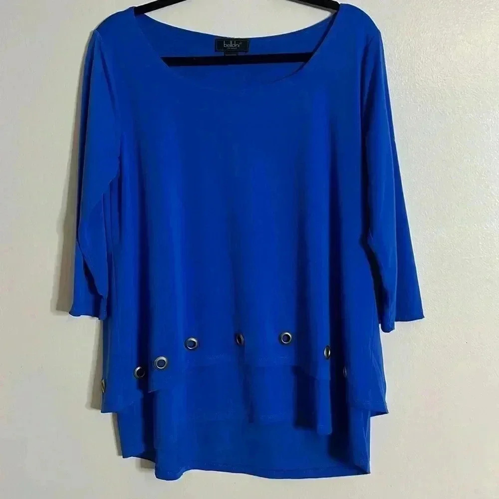 Belldini Blue 3/4 Sleeve Tunic Silver Grommet Trim Relaxed Casual Blouse Size M